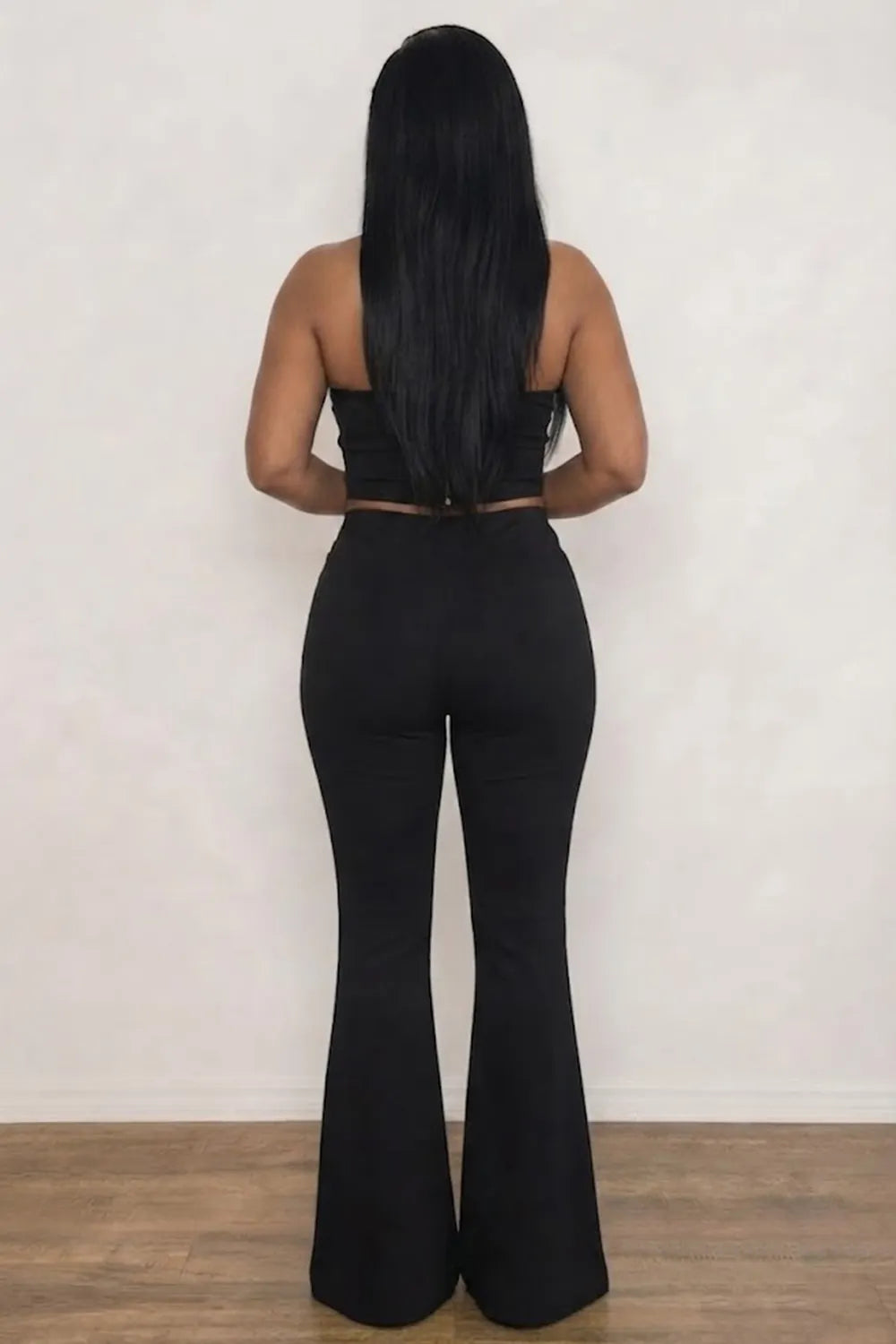 Metal Eyelet Decor V Neck Crop Top High Waist Flare Leg Pants-Black