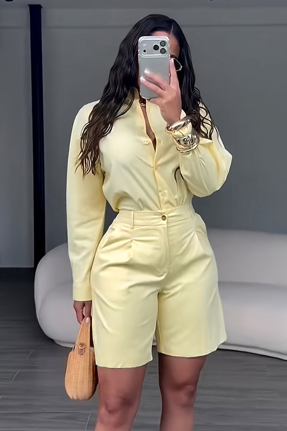 Solid Color Turndown Collar Shirt High Waist Shorts Casual 2pcs Set-White