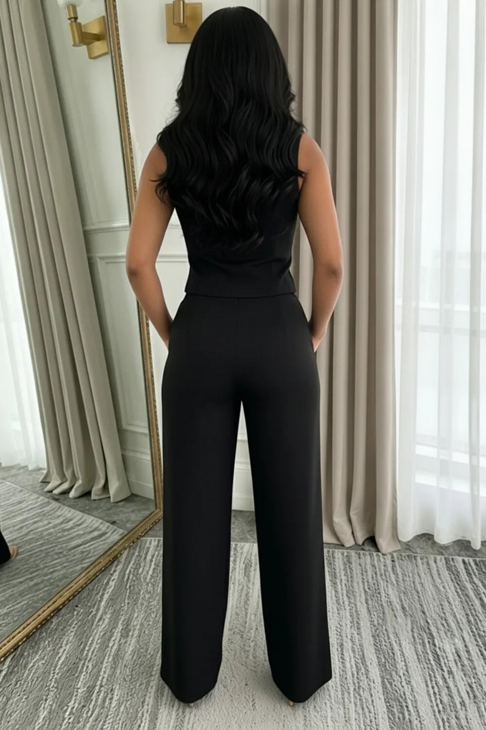 Plain V Neck Gold Button Vest High Waist Pants Business Casual 2pcs Set-White