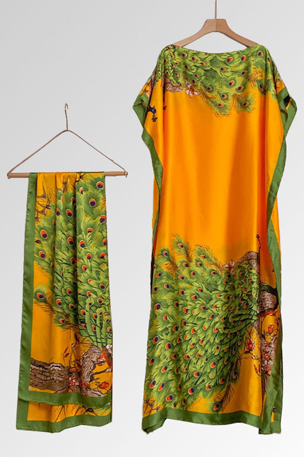 Graphic Print Scarf Boat Neck Kaftan Maxi Dresses Vacation 2pcs Set-Blue