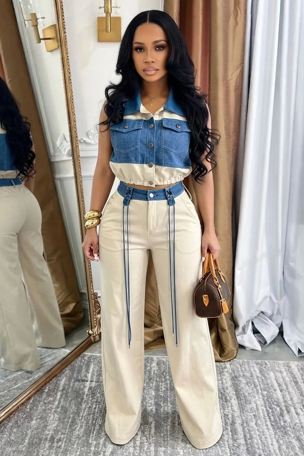 Collar Denim Patchwork Top Wide Leg Pants 2pcs Set-Beige