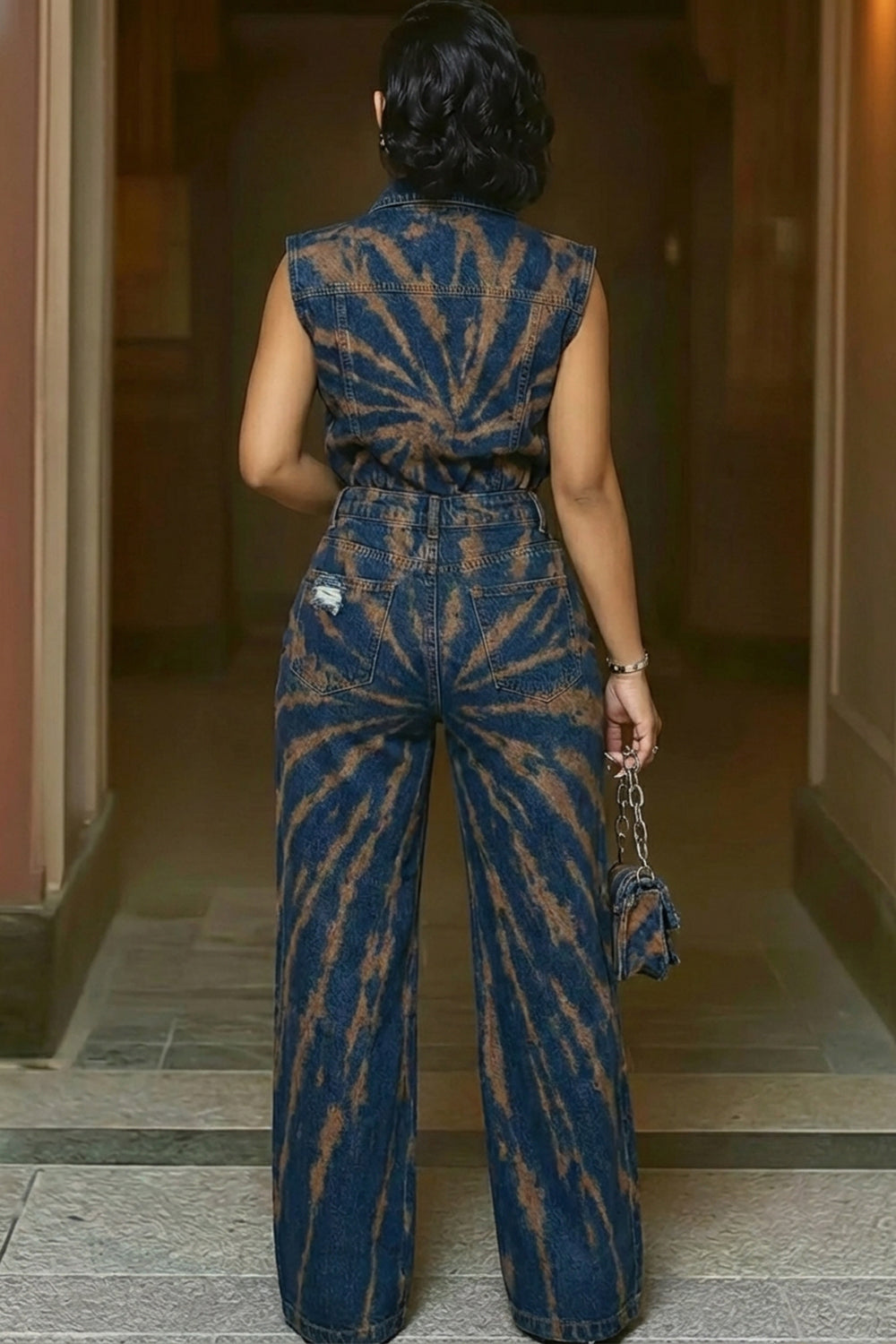 Denim  Collar Sleeveless Cut Out Casual Jumpsuit-Blue