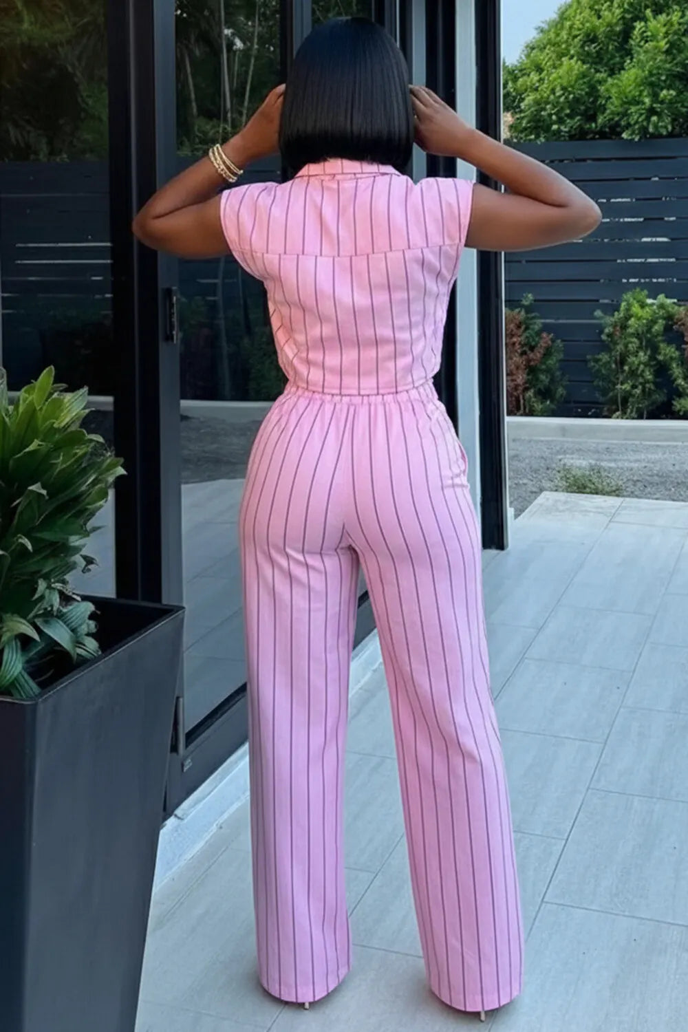Collar Sleeveless Top Drawstring Pants 2pcs Set-Pink