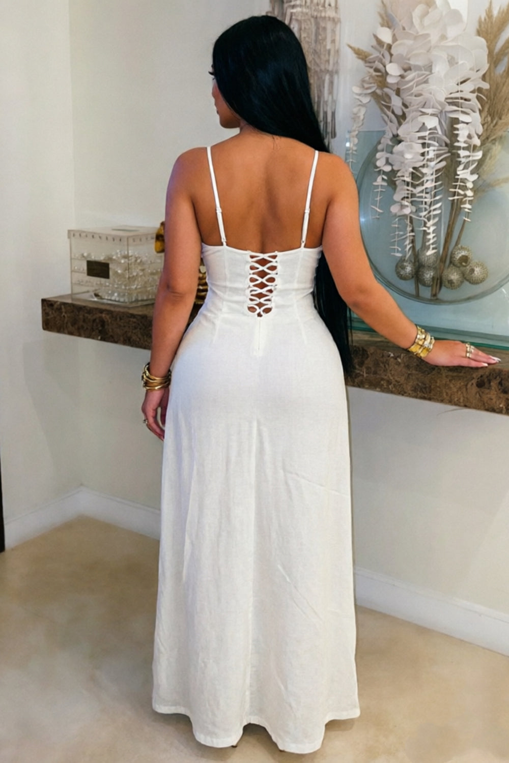 Front Cut Out Split Lace-Up Top Wide Leg Pants 2pcs Set-White