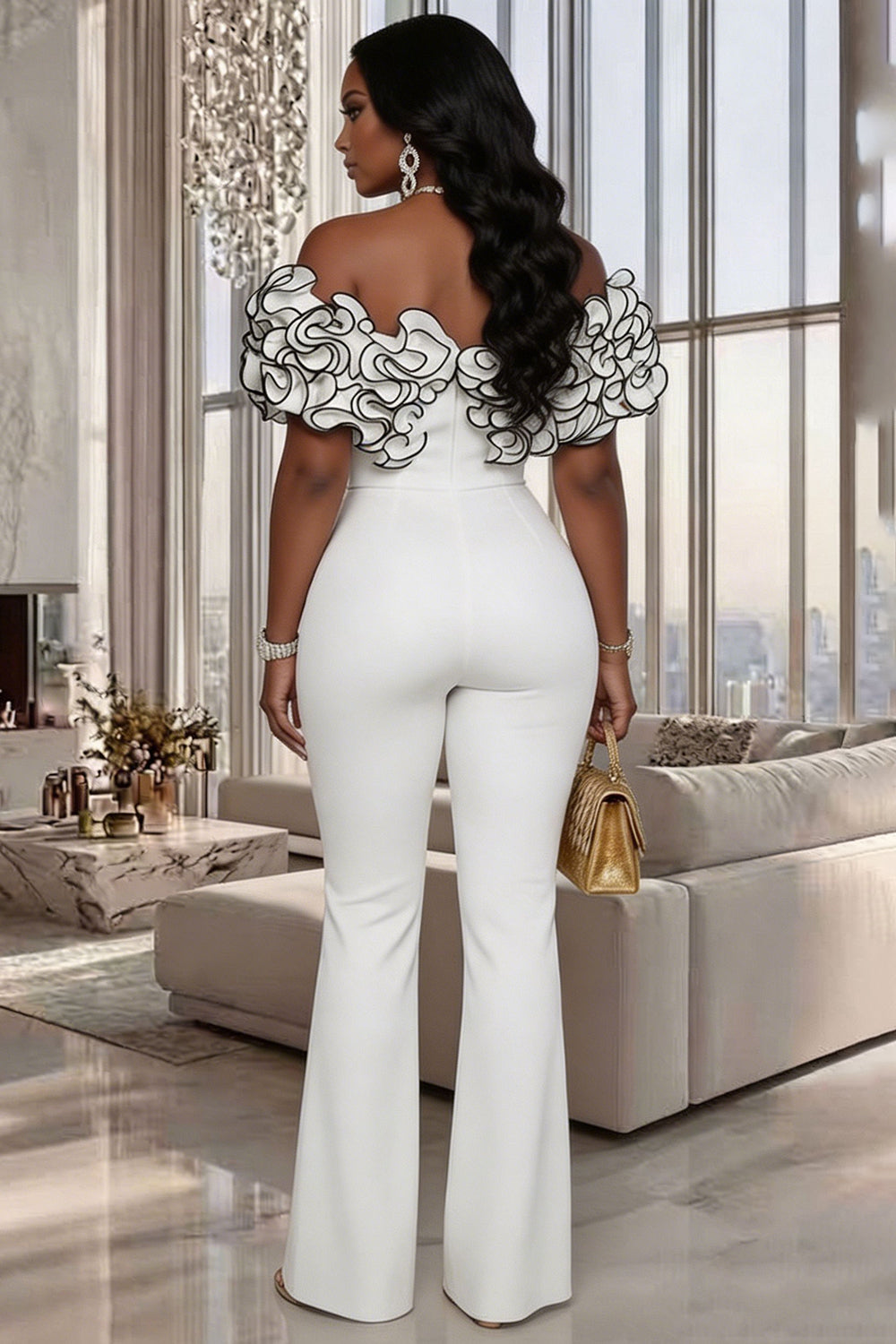 Off Shoulder Contrast Piping 3D Ruffle High Waist Slim Casual Jumpsuit-White