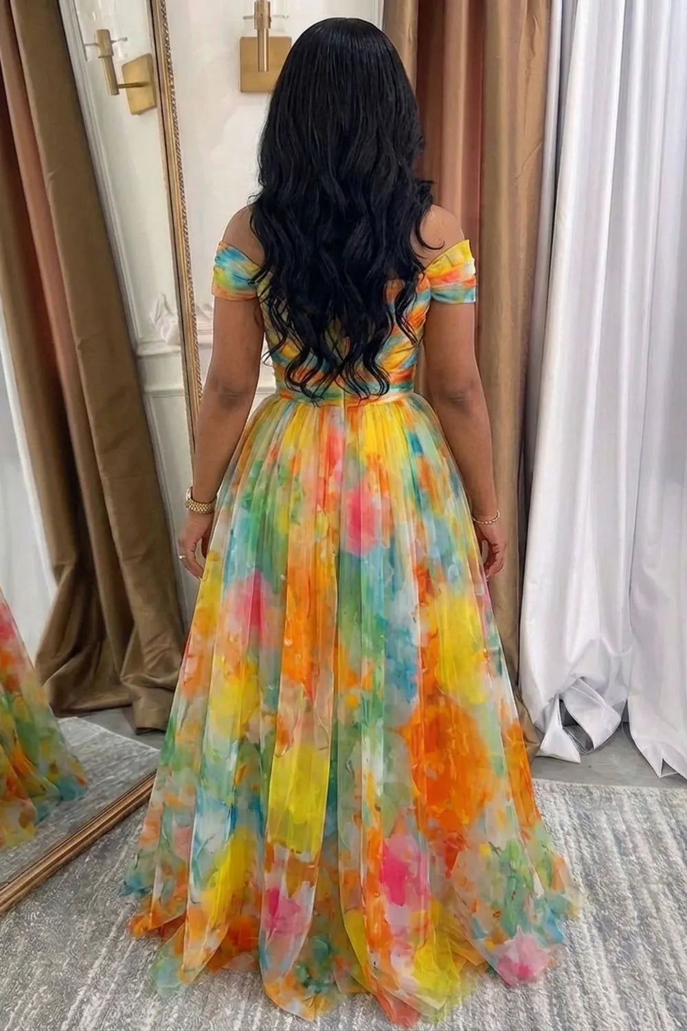Off Shoulder Floral Mesh Slit Vacation Maxi Dresses