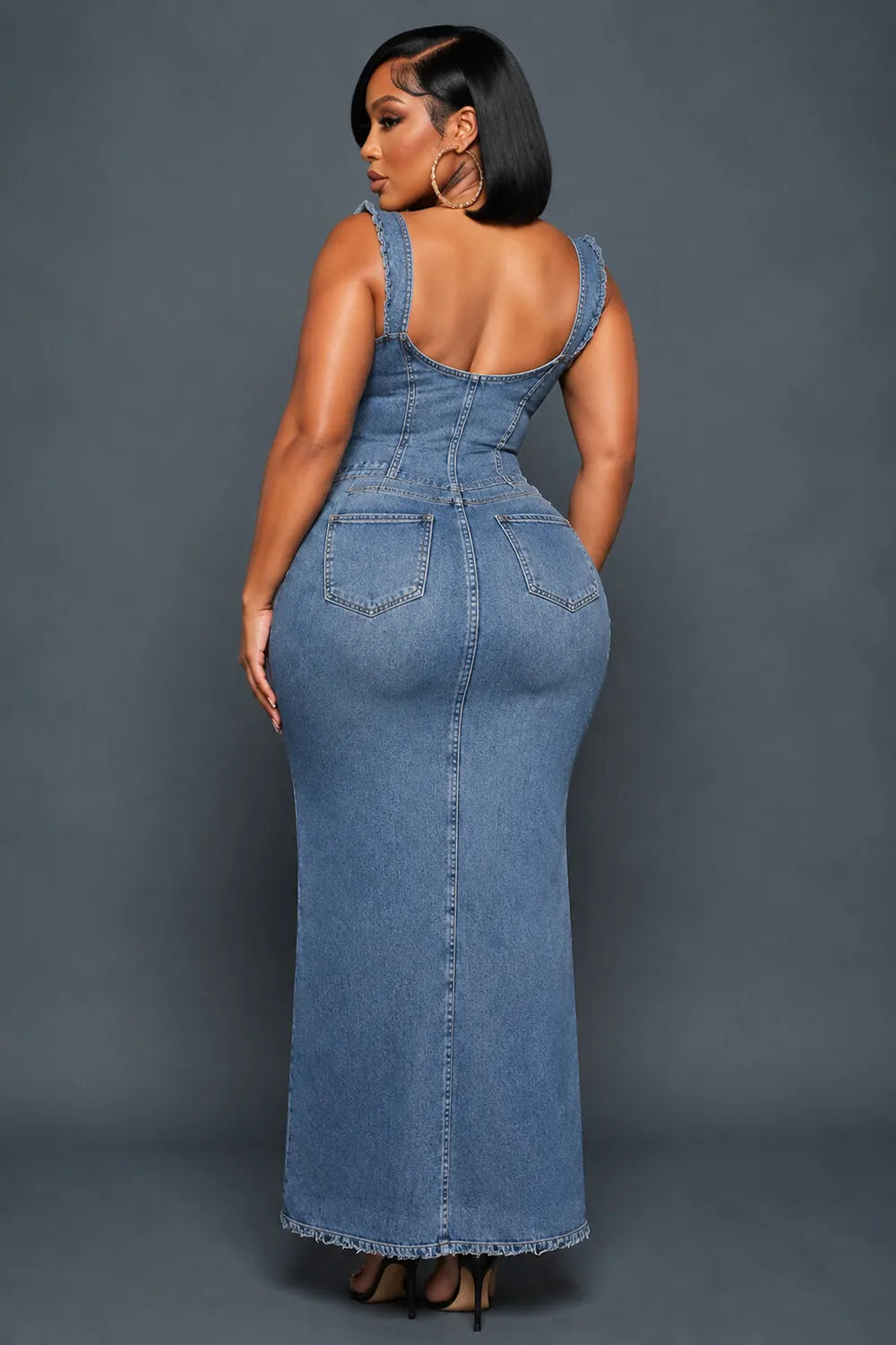 Wide Strap Sweetheart Neck Slit Vacation Denim Maxi Dresses-Blue