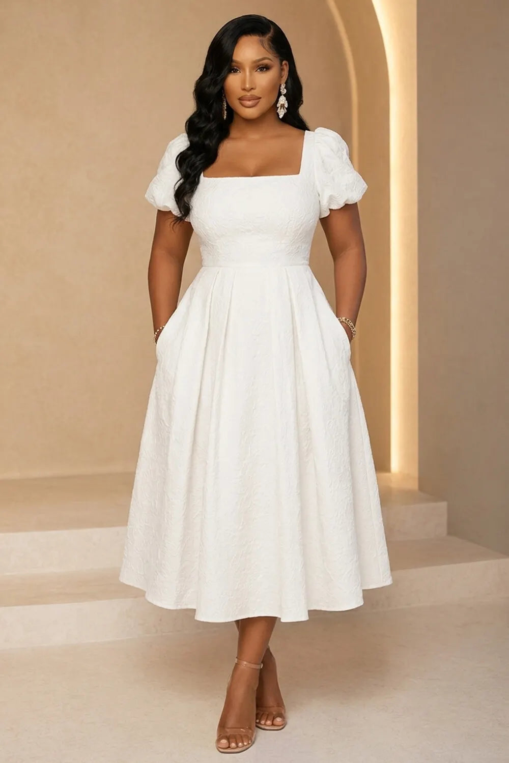 Square Neck Puff Sleeve Cinch Waist Ruffle Hem Midi Dresses-White