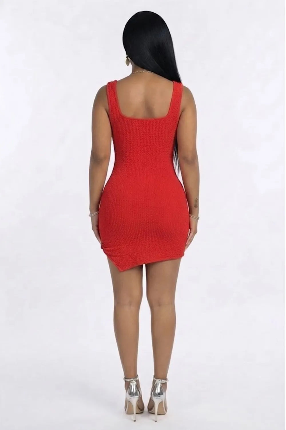 Wide Strap Sequin Rhinestone 3D Floral Irregular Hem Bodycon Mini Dresses-Red