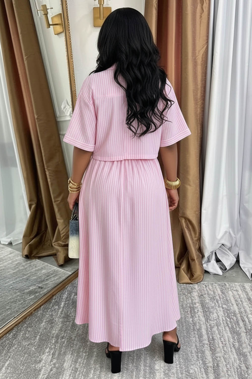Striped Short Sleeve Blouse Drawstring A-Line Maxi Skirt Casual 2pcs Set-Pink