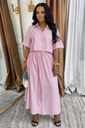 Striped Short Sleeve Blouse Drawstring A-Line Maxi Skirt Casual 2pcs Set-Pink