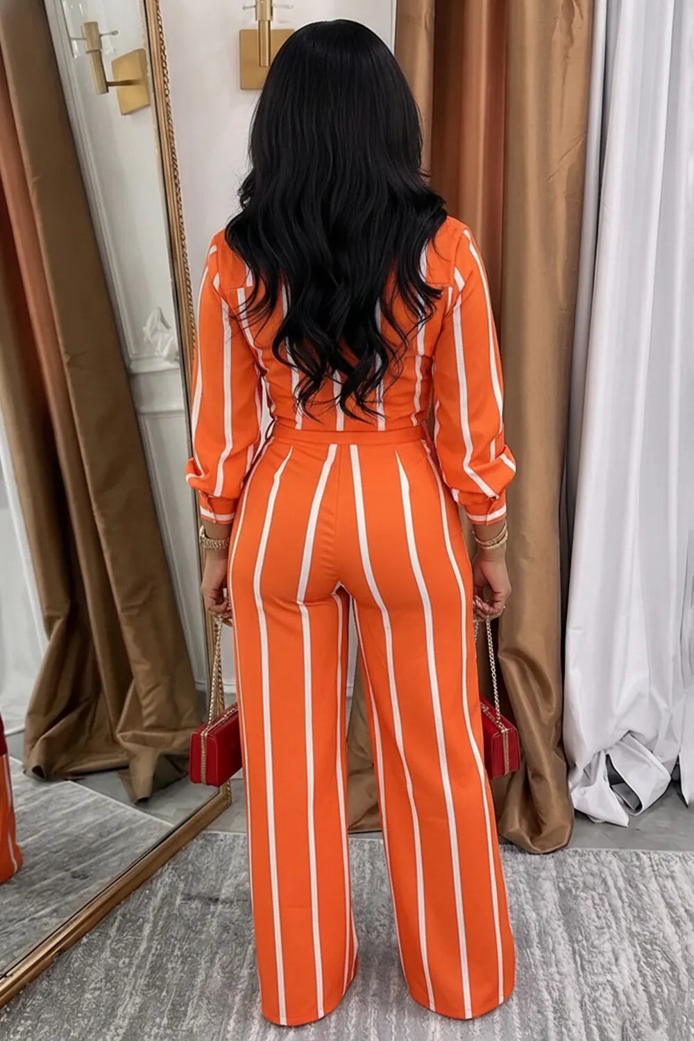 Stripe Shirt Collar Top Straight Leg Pants Casual 2pcs Set-Orange