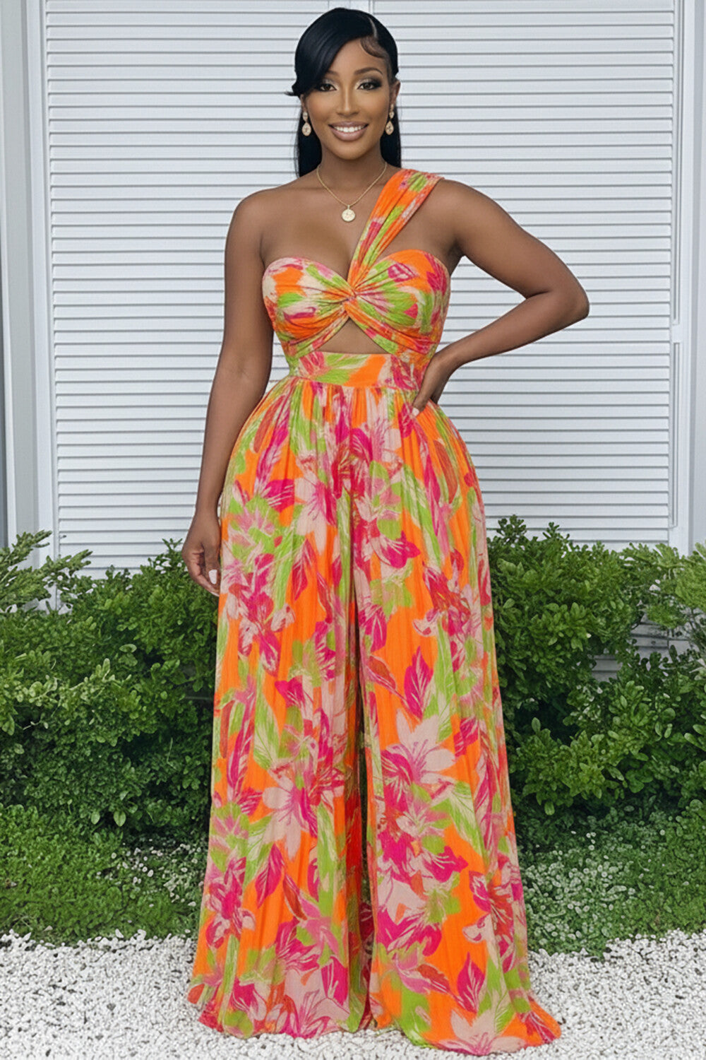 One Strap Cut Out Floral Print Wide Leg Vacation Jumpsuit-Orange