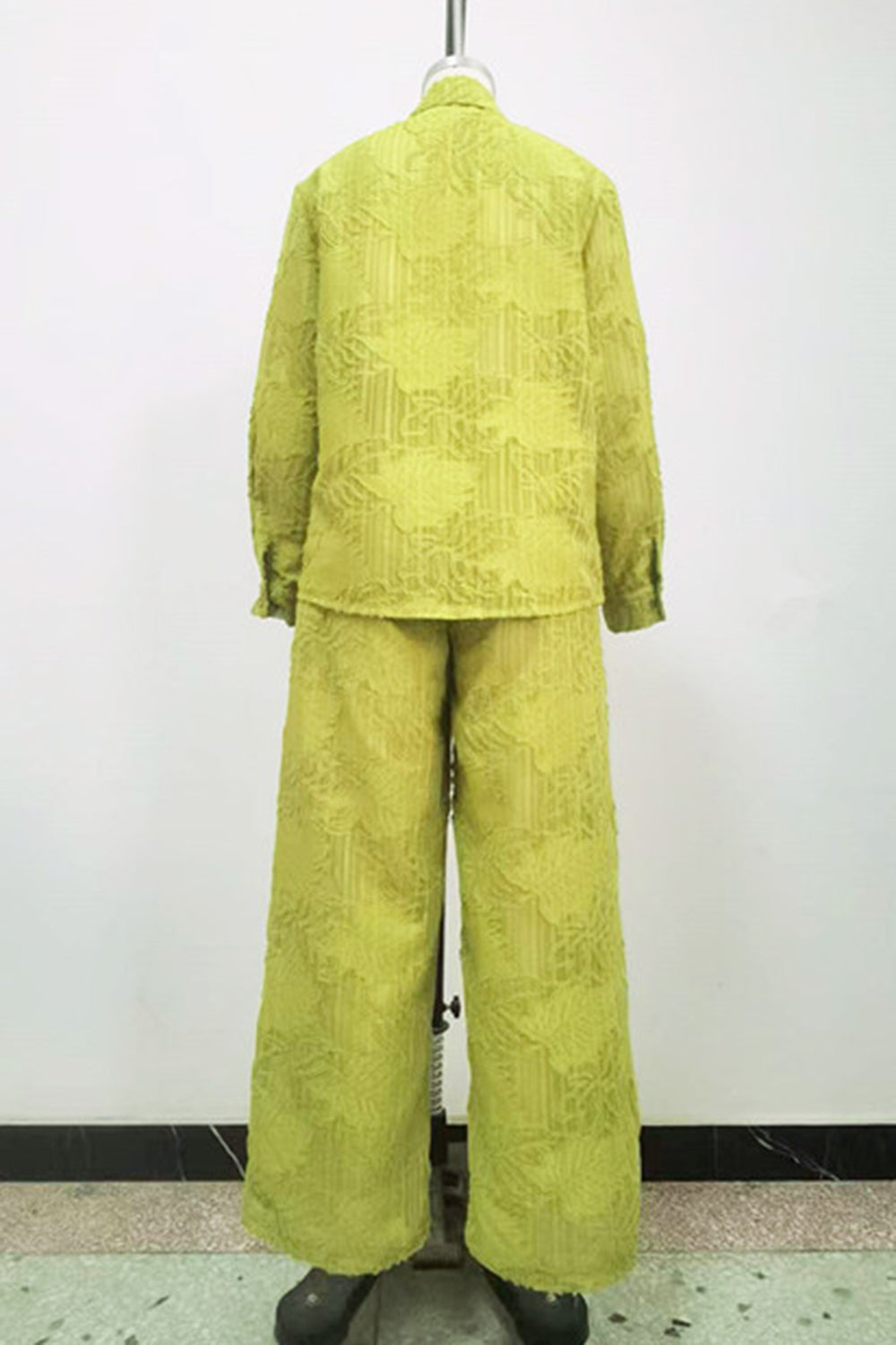 Leaf Pattern  Collar Shirt Wide Leg Pants Casual 2pcs Set-Yellow