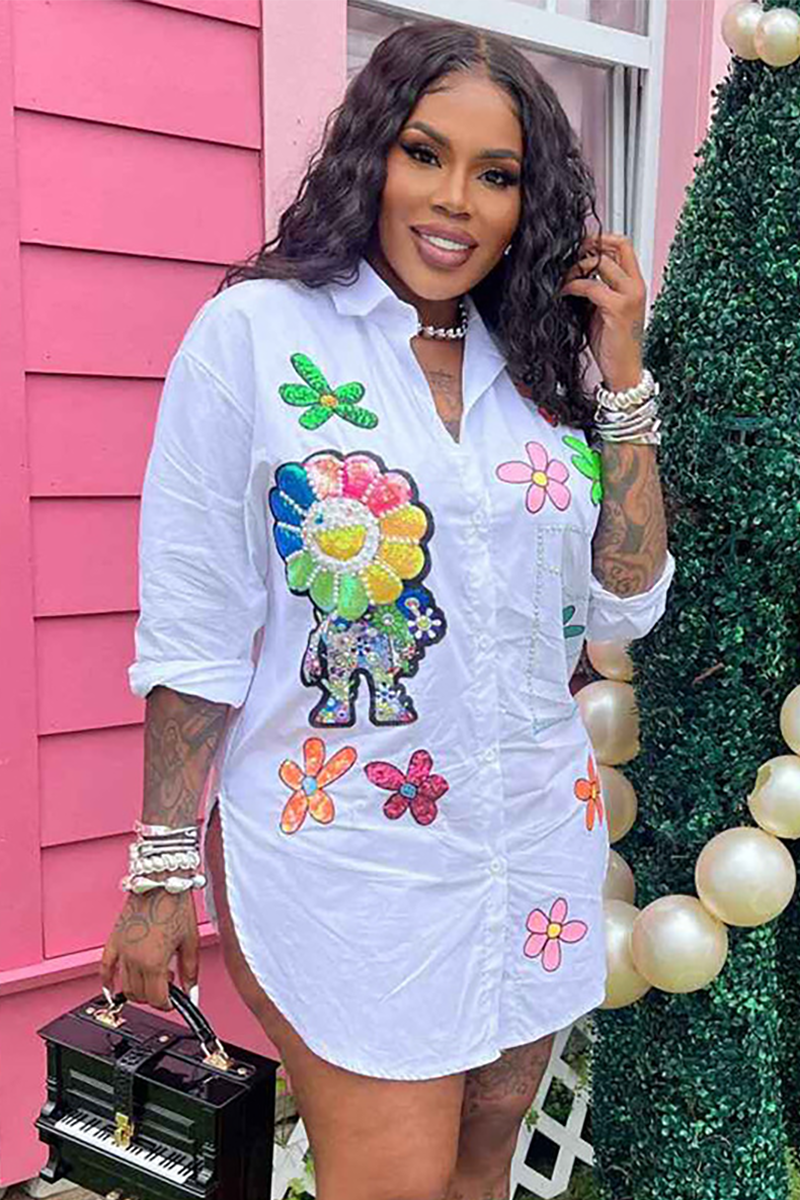 Floral Pattern  Collar Button Up Blouse Mini Dresses-White