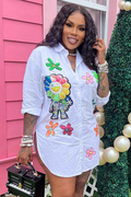 Floral Pattern  Collar Button Up Blouse Mini Dresses-White