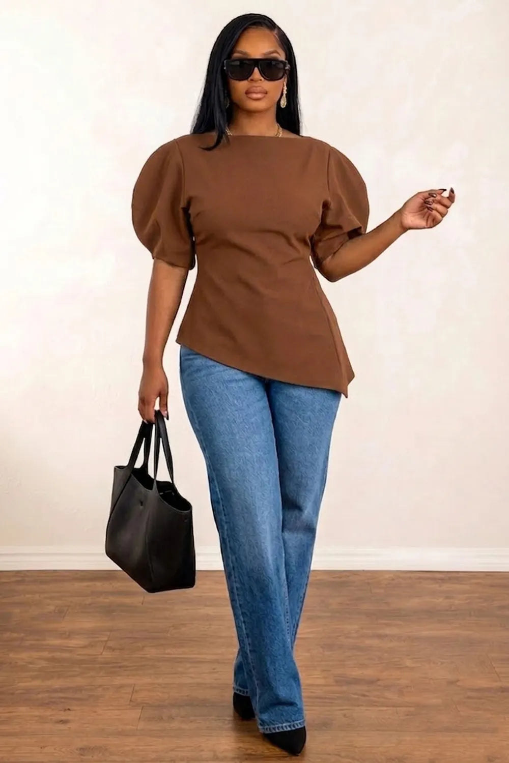 Solid Color Round Neck Bubble Sleeve Cinch Waist Irregular Hem Top-Black