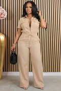 Collar Short Sleeve Wide Leg Casual Jumpsuit-Khaki