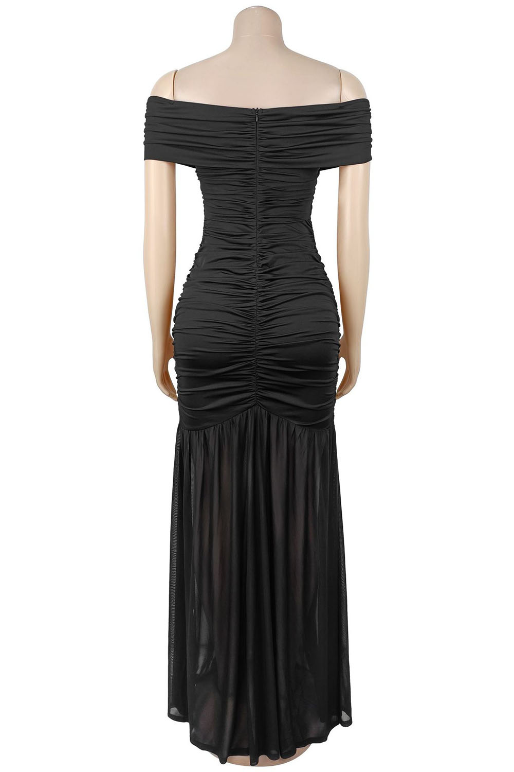 Off Shoulder Metal Decor Cut Out High Slit Ruched Gowns Maxi Dresses-Black