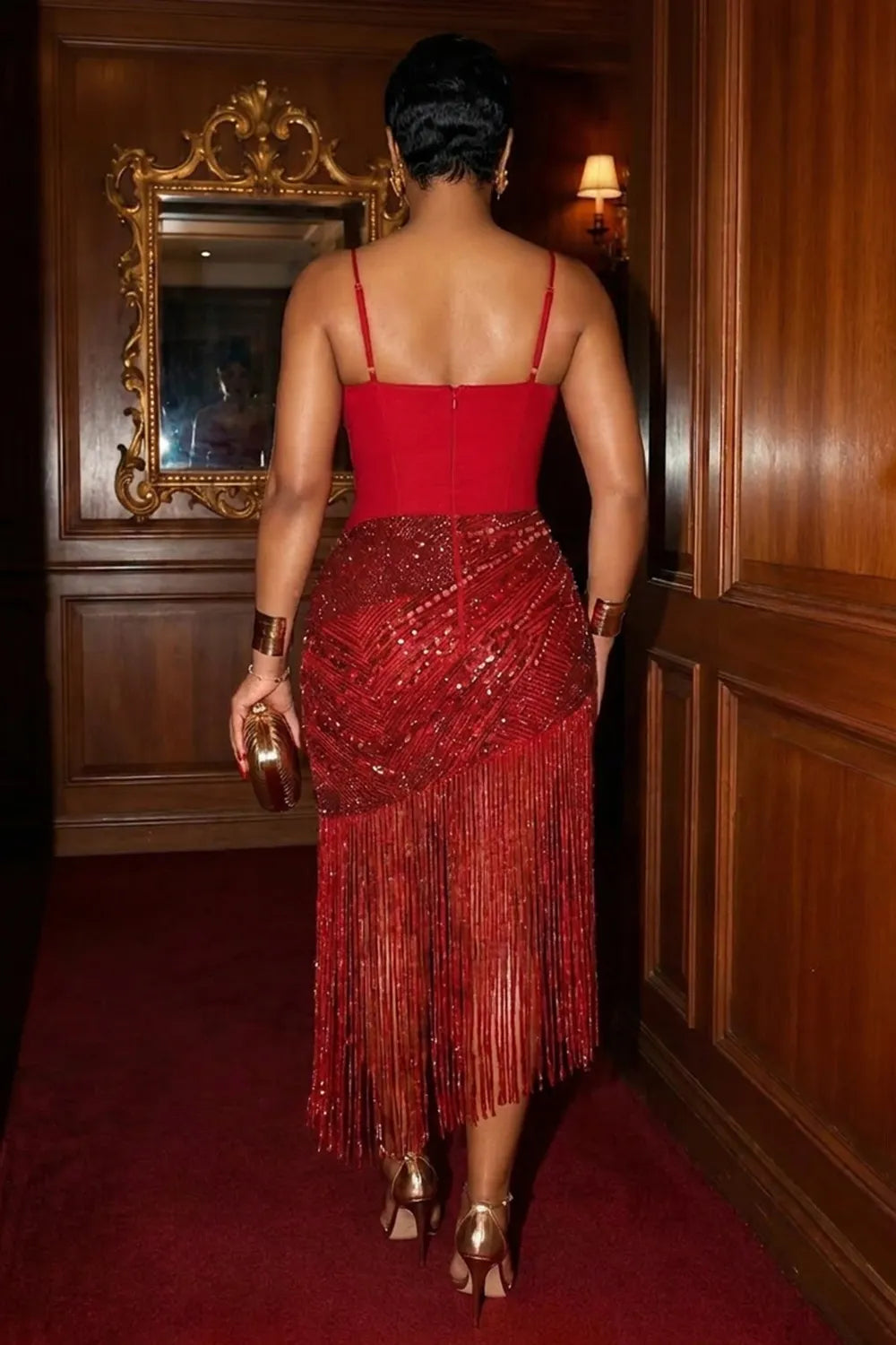 Cami Neck Mesh Rhinestone Long Fringe Party Midi Dresses-Red