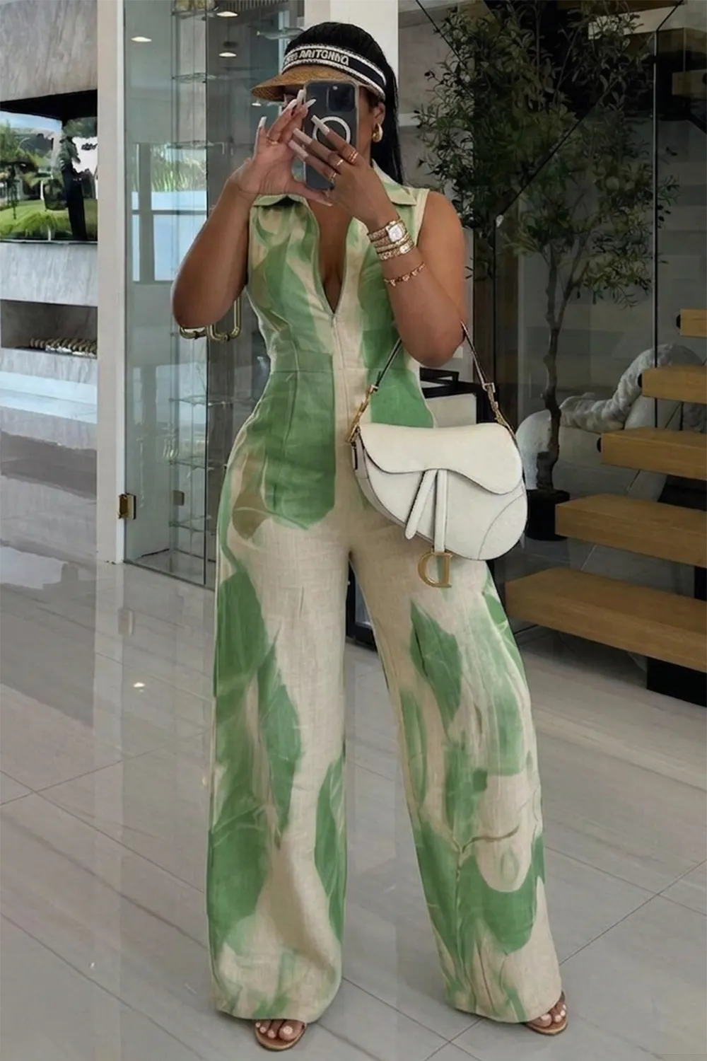 Sleeveless Abstract Print Wide Leg Linen Casual Jumpsuit-Green