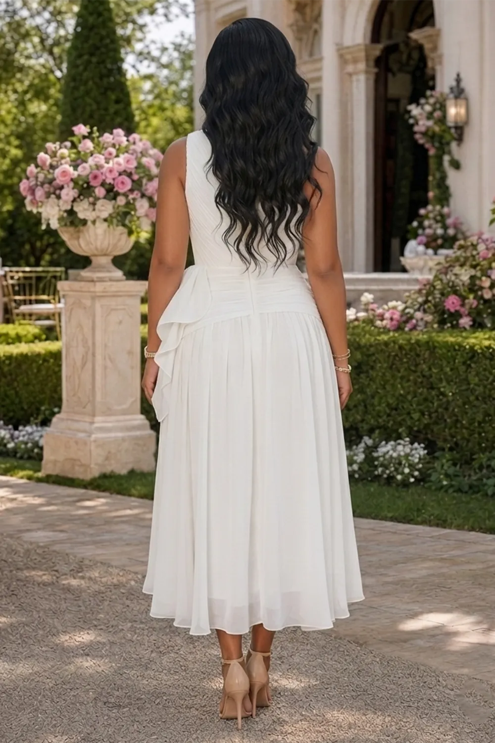 One Shoulder Ruched Ruffle Hem A-Line Wedding Midi Dresses-White