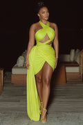 Cross Halter Overlap Wrapped Sash Party Mini Dresses-Green
