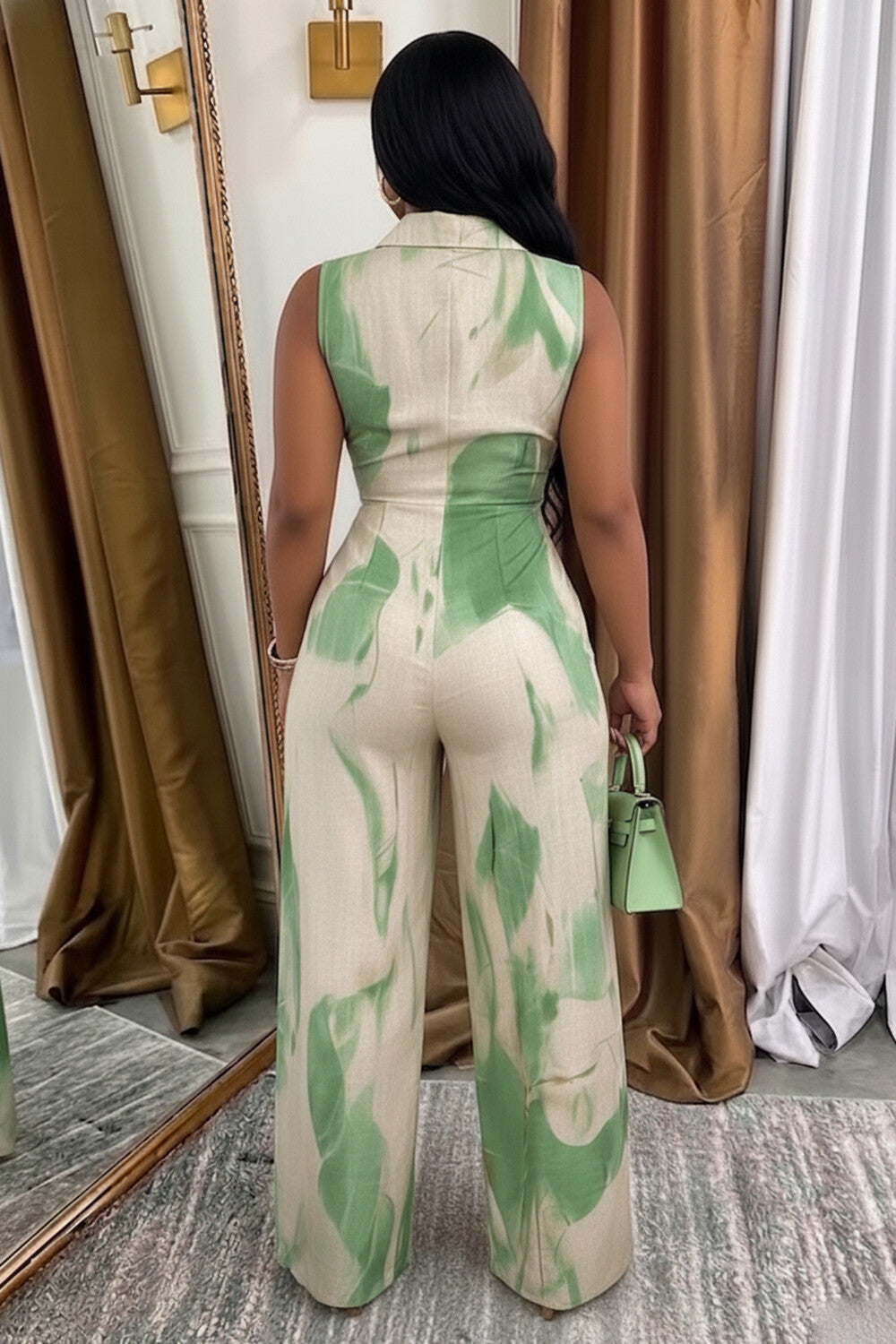 Sleeveless Abstract Print Wide Leg Linen Casual Jumpsuit-Green