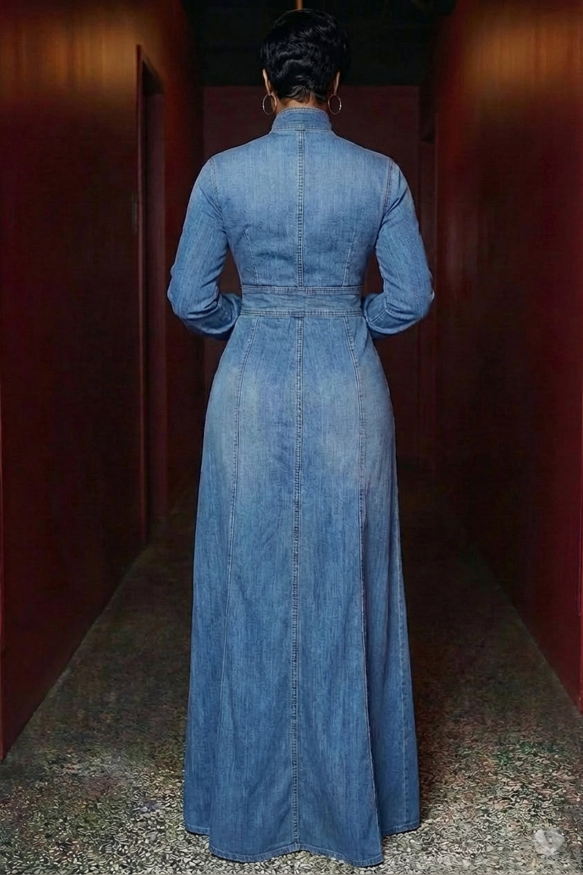 Mock Neck Bell Sleeve Quilted High Slit Denim Maxi Dresses-Blue