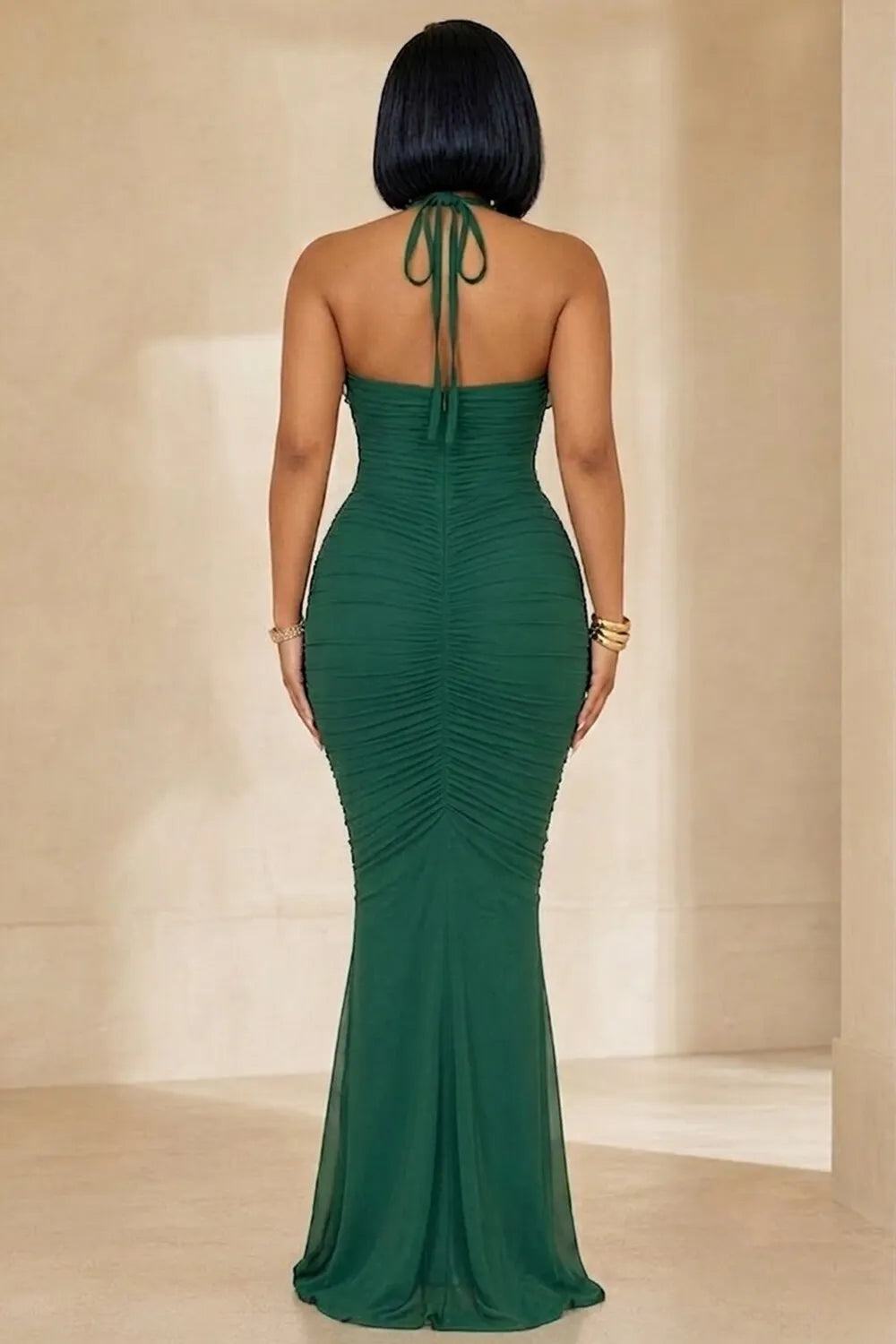 Halter Neck Ruffle Trim Ruched Front Slit Slim Maxi Dresses-Green