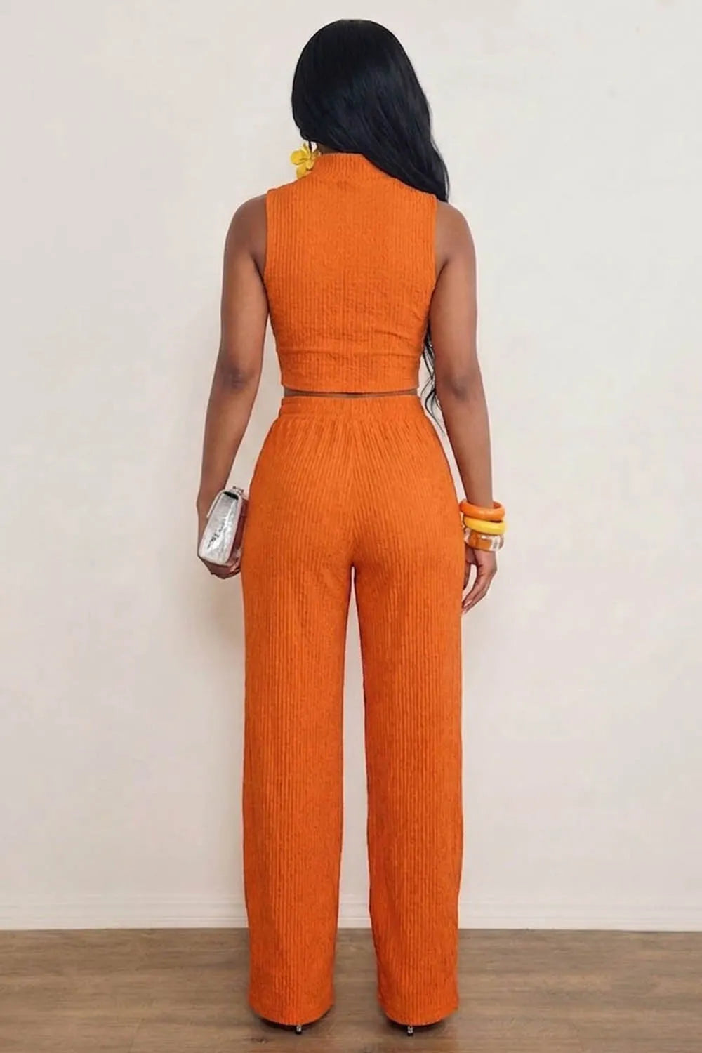 Wrinkle Texture Stand Collar Zipper Crop Vest Wide Leg Pants 2pcs Set-Orange