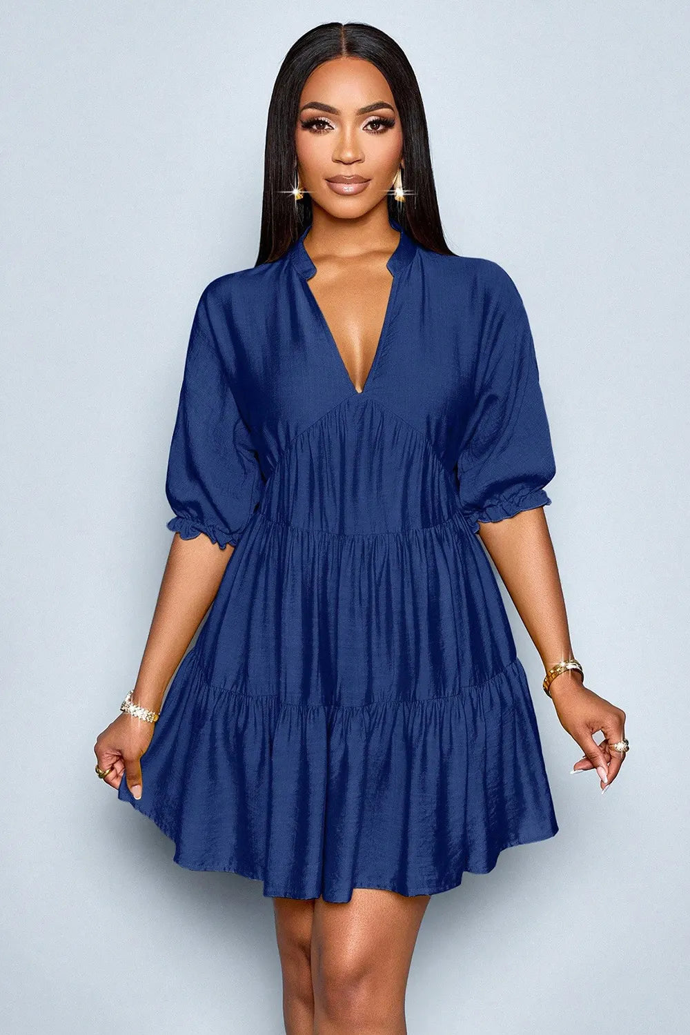 Solid Color Deep V Neck Puff Half Sleeve Tiered Party Mini Dresses-Blue