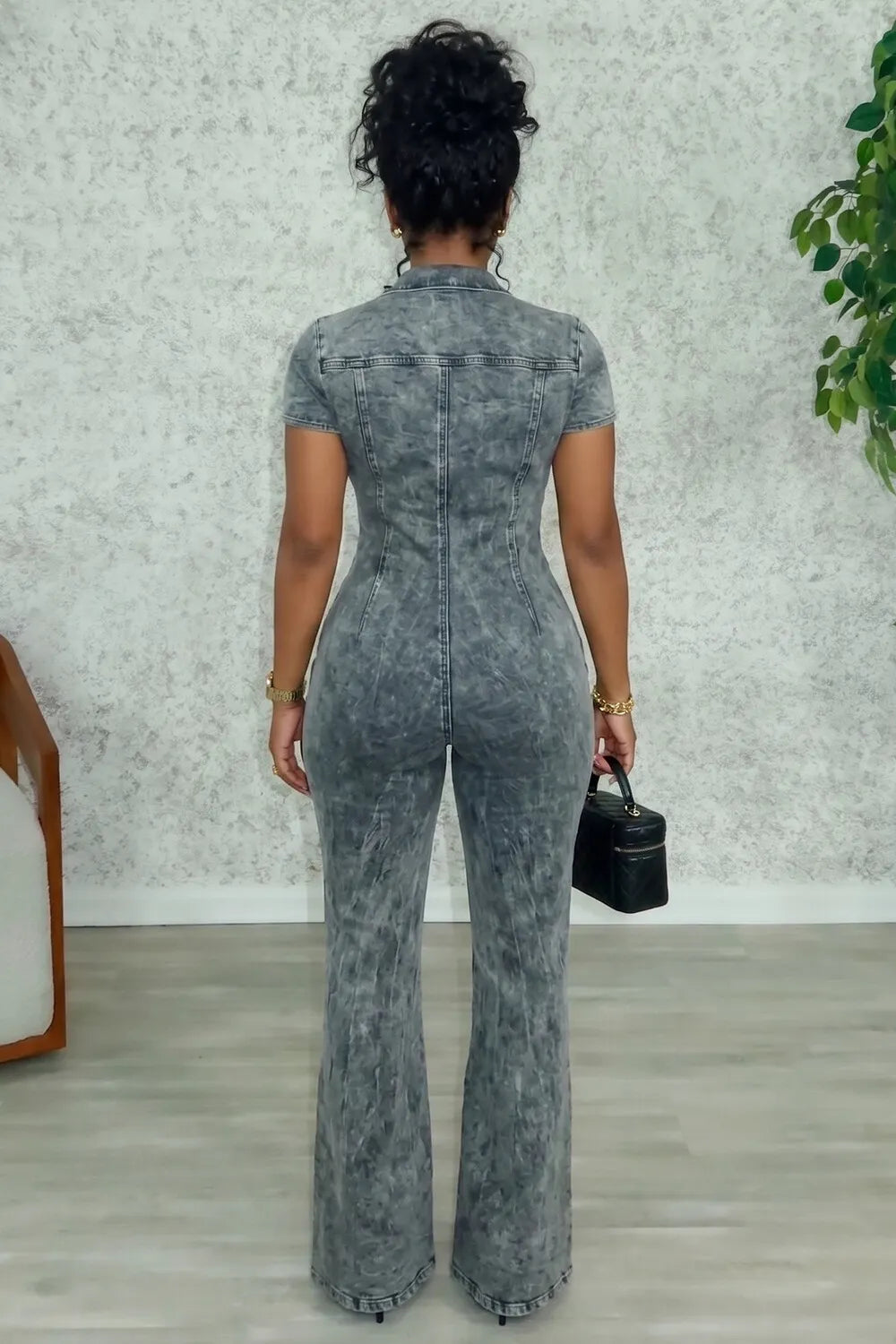 Notched Lapel Short Sleeve Single Breast Flare Leg Jumpsuit-Gray