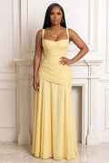 Cami Square Neck Ruched Cinch Waist Back Lace-Up Gowns Maxi Dresses-Yellow