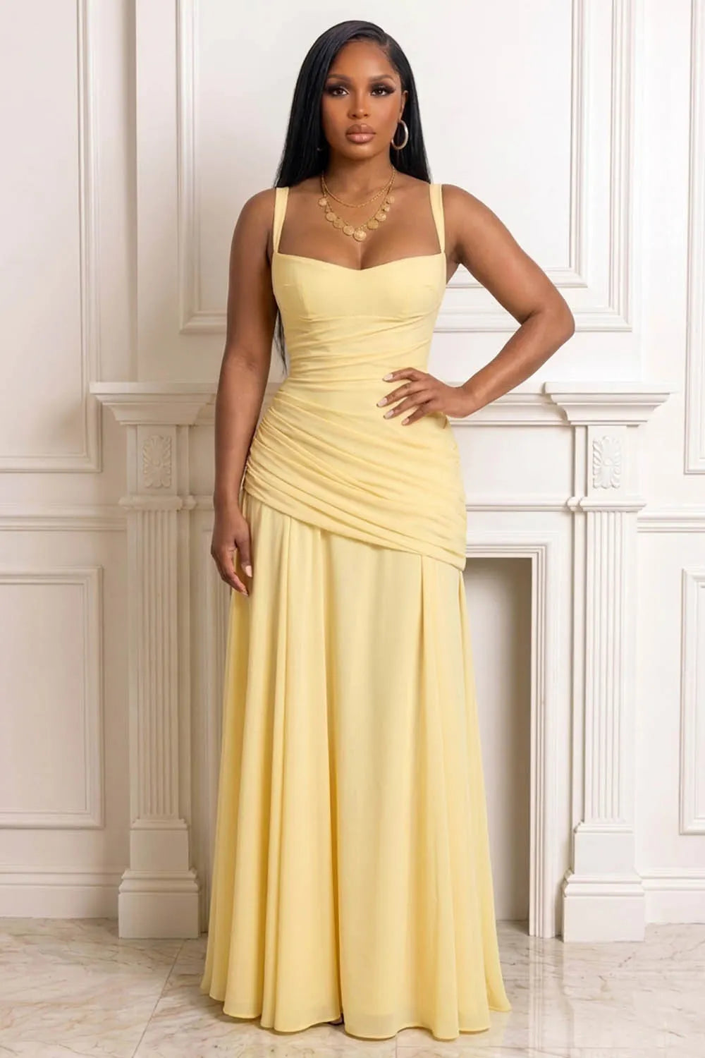 Cami Square Neck Ruched Cinch Waist Back Lace-Up Gowns Maxi Dresses-Yellow