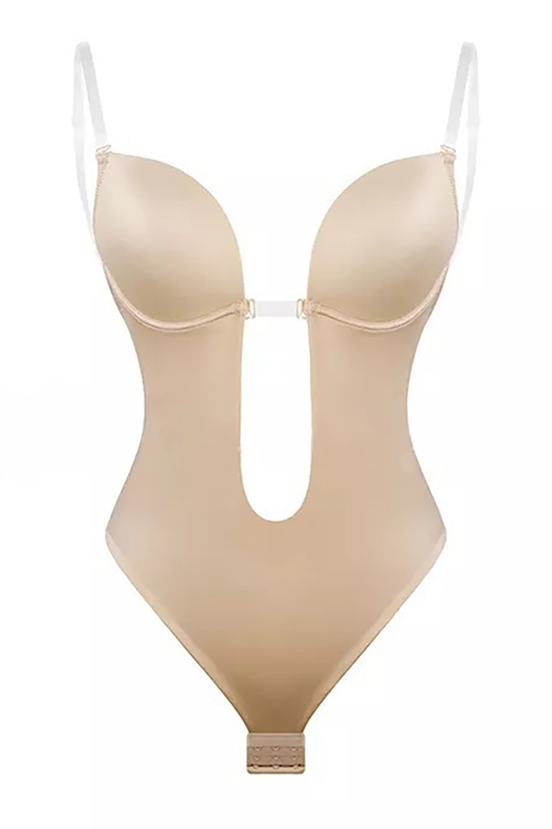 Solid Color Irregular Neck Cutout Open Back Underwear Bodysuit-Black