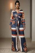Long Sleeve Lace Up Wide Leg Floral Casual Jumpsuit