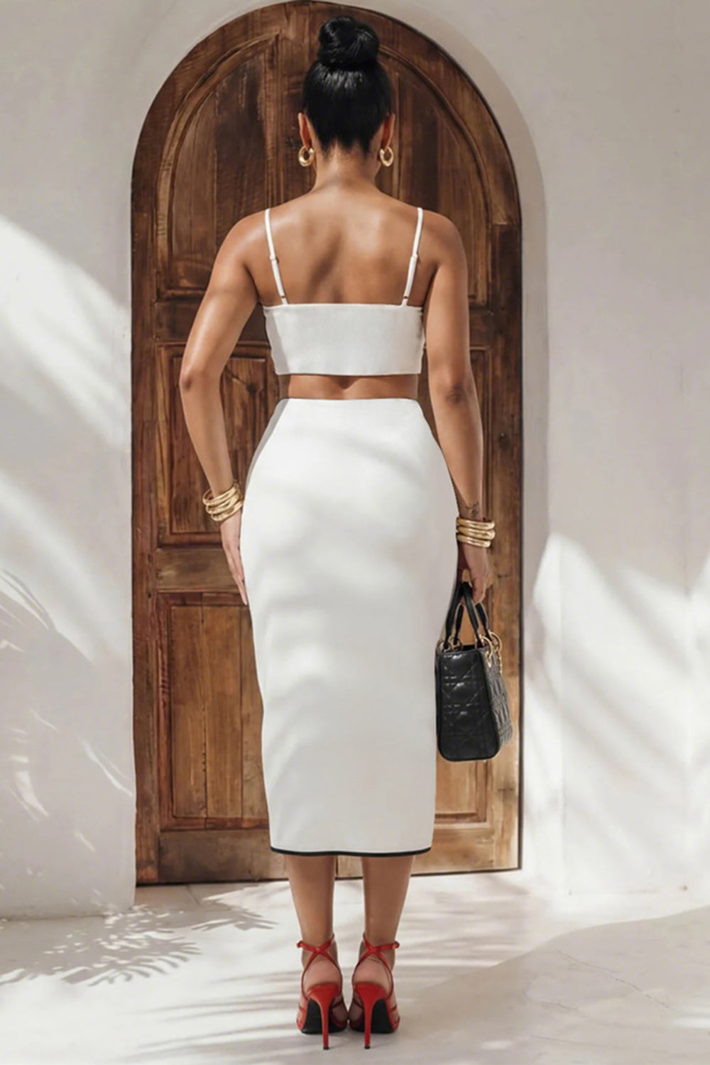 Contrast Piping Scallop Trim Cami Neck Top Midi Skirt Gowns 2pcs Set-Brown