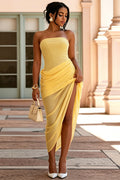 Strapless Ruched High Slit Mesh Patchwork Hem Gowns Maxi Dresses-Yellow