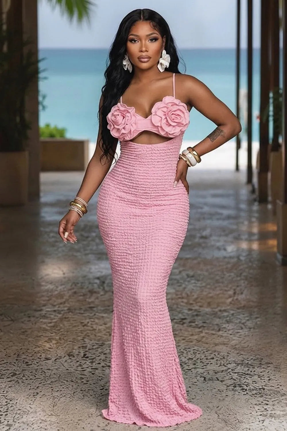 3D Floral Spaghetti Strap Cut Out Slit Hem Bodycon Vacation Maxi Dresses-Pink