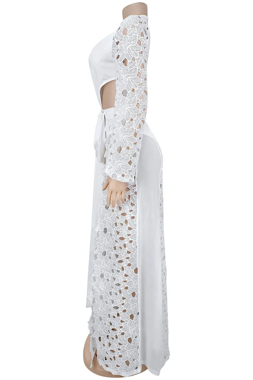Guipure Lace Cutout Deep V Neck Bodysuit Maxi Skirt Vacation 2pcs Set-White