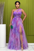 One Shoulder Cinch Waist Slit Mesh Gowns Maxi Dresses-Purple