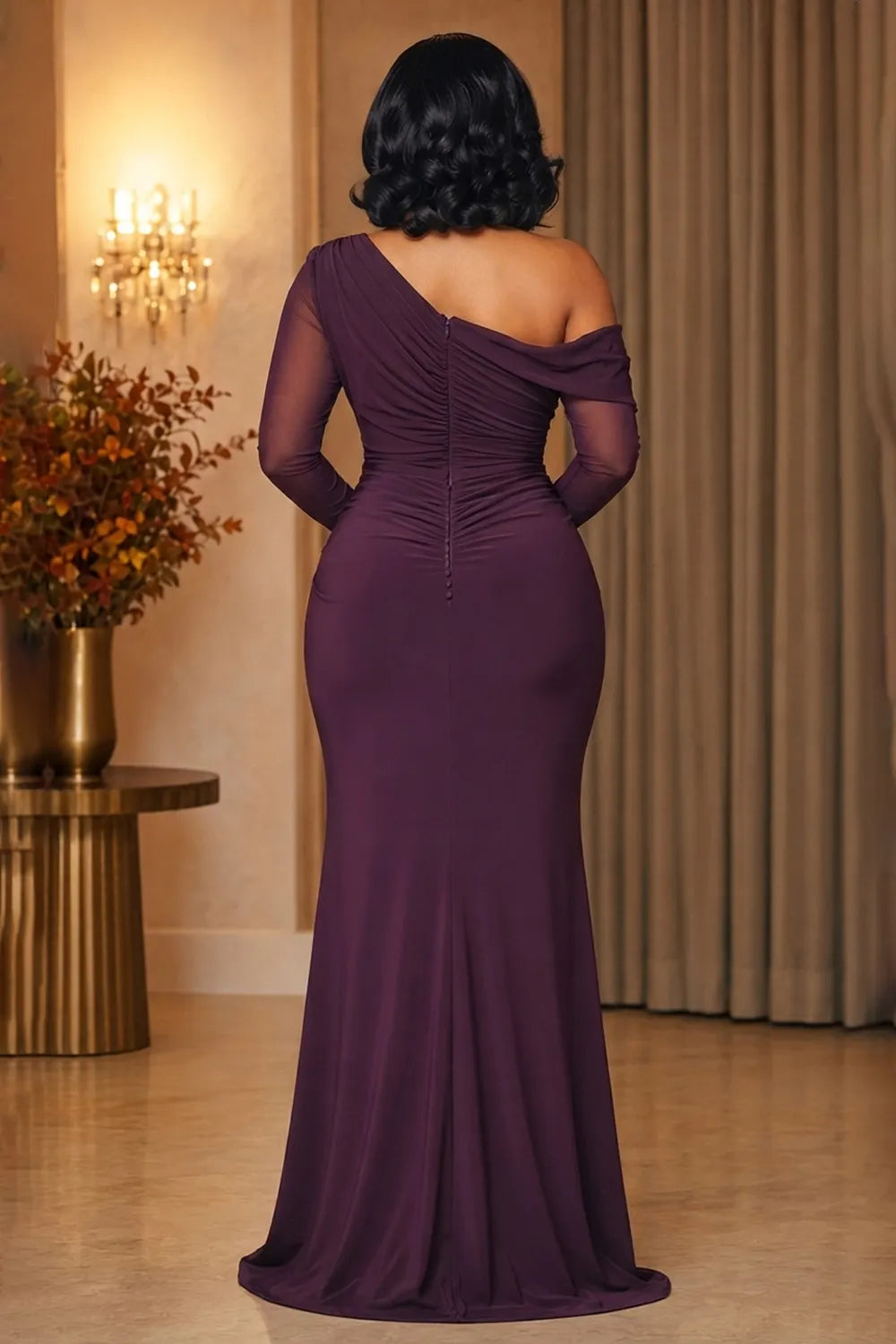Oblique Collar Long Sleeve Ruched Cinch Waist Maxi Dresses-Purple