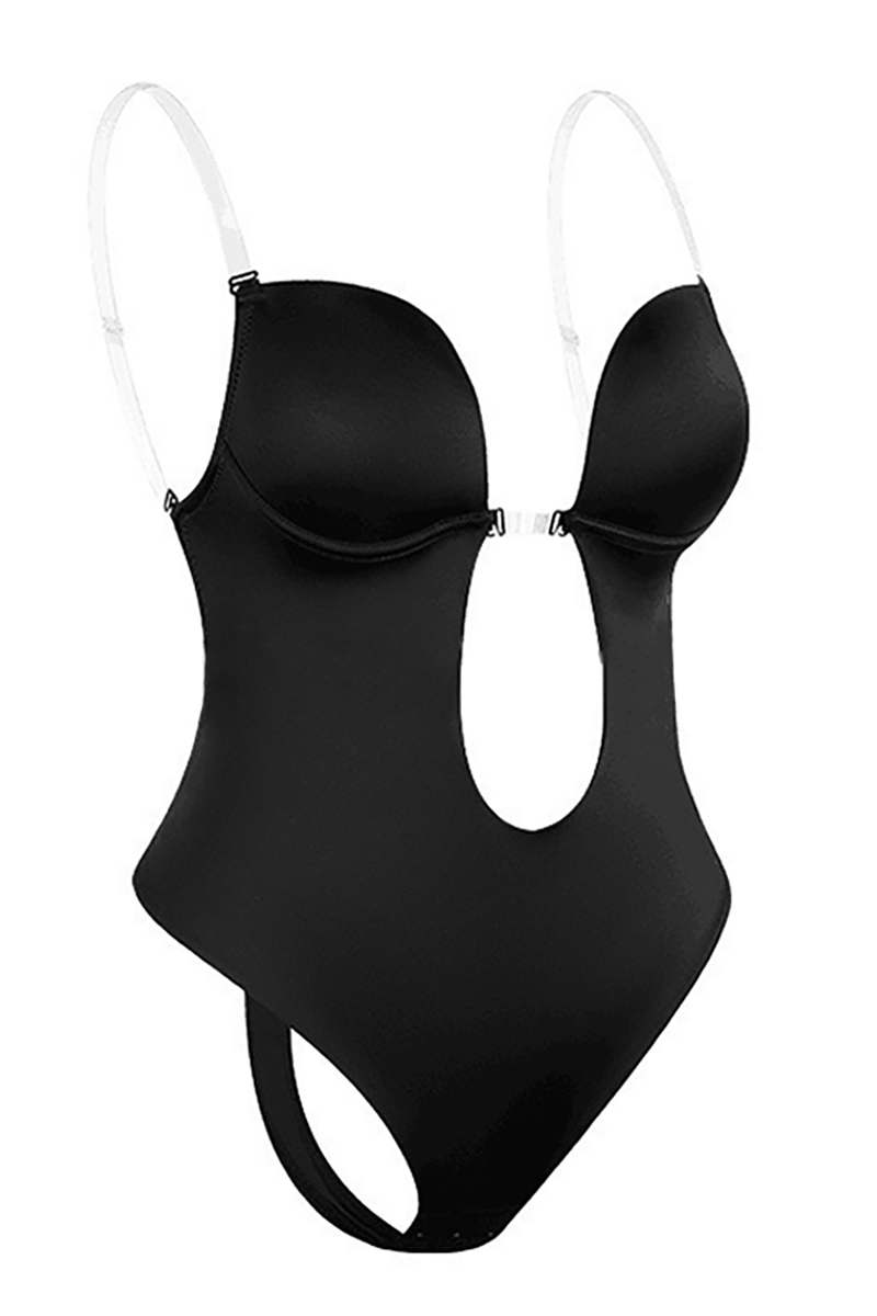 Solid Color Irregular Neck Cutout Open Back Underwear Bodysuit-Black