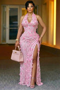 Halter Backless 3D Flower Ruched Slit Party Maxi Dresses-Pink