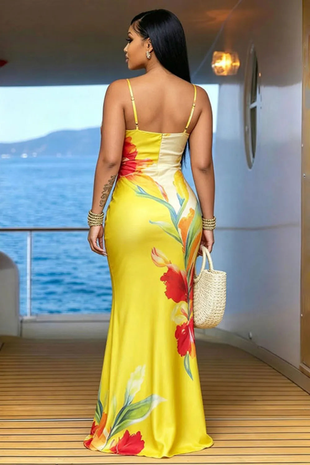 Cami Neck Backless Floral Slim Fit Vacation Maxi Dresses-Yellow