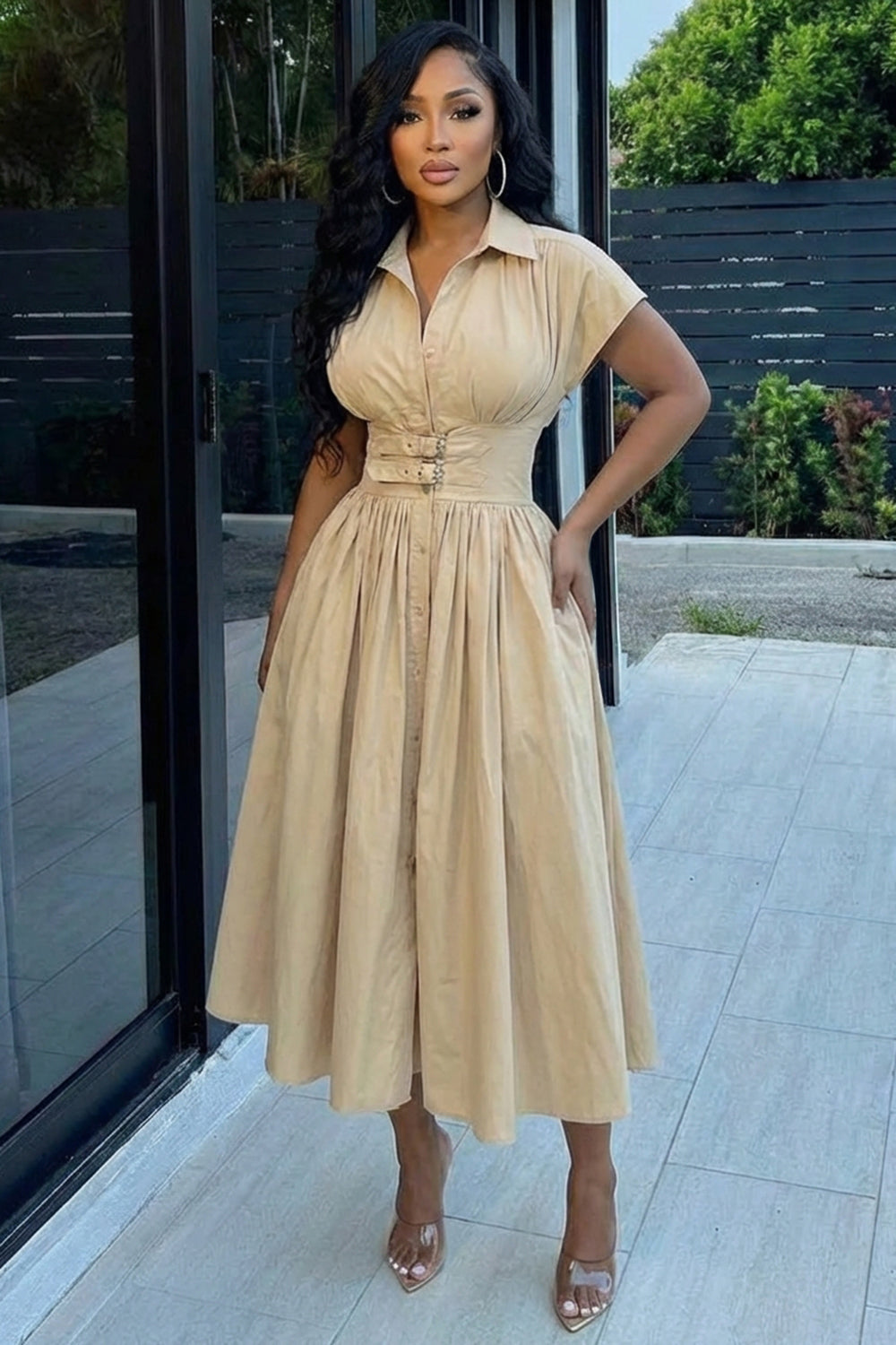 Collar Cinch Waist Ruched Casual Maxi Dresses-Khaki