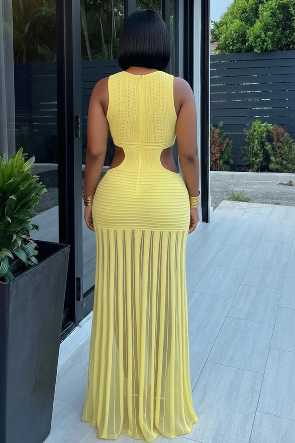 Deep V Neck Cut Out Sleeveless Mesh Bodycon Maxi Dresses-Yellow