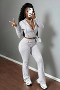 Ribbed Long Sleeve Zip Up Crop Hoodie High Waist Pants Causal 2pcs Set-Gray