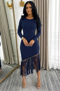 Round Neck Long Sleeve Fringe Hem Bodycon Ribbed Knit Midi Dresses-Blue